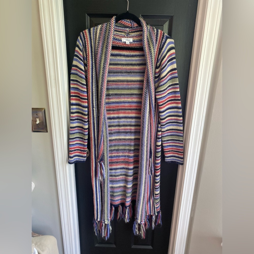 Great Northwest Indigo Multicolor Knit Fringe Open Cardigan-Size S